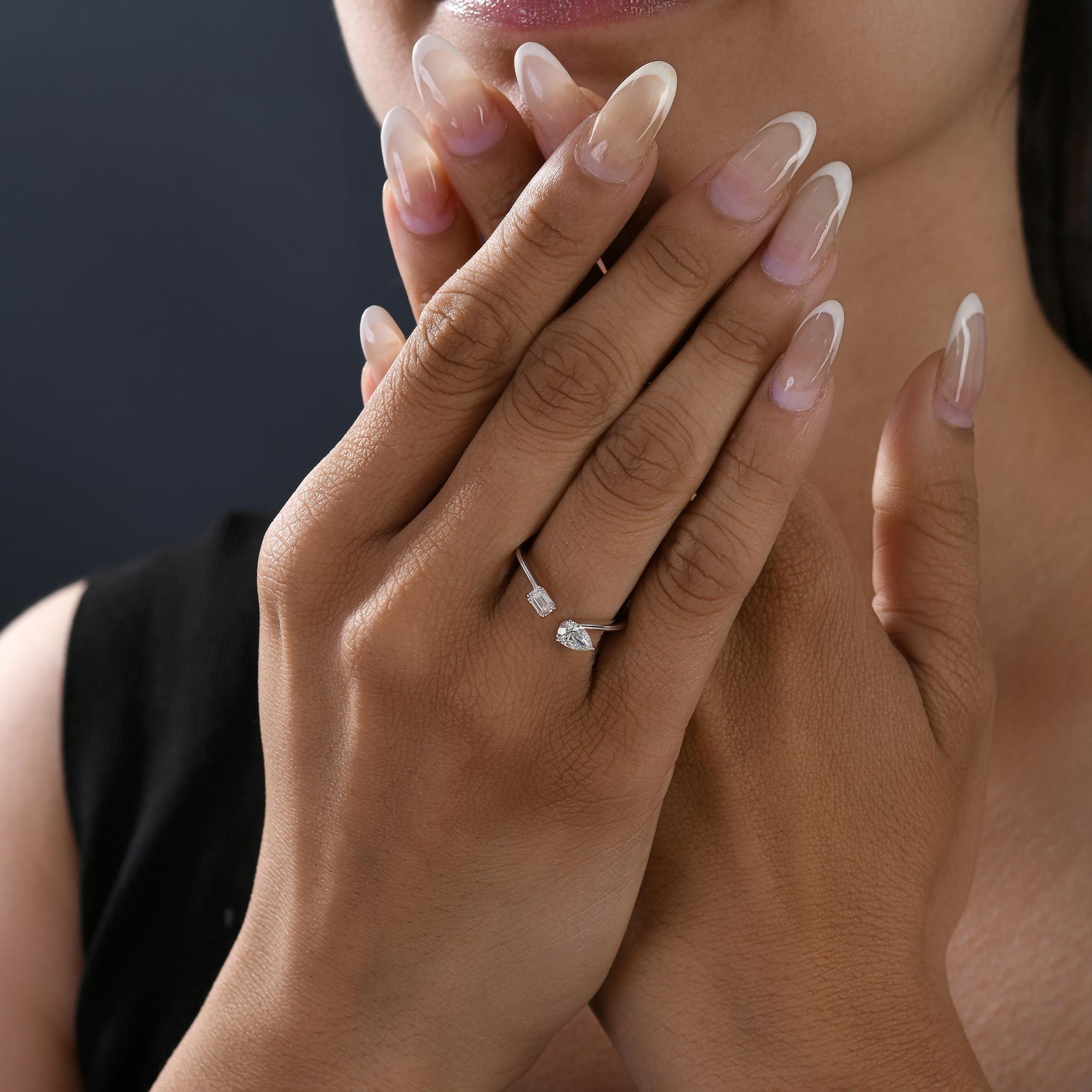 Pear Cut Natural 0.56 Carat SI/H Pear Emerald Cut Diamond Cuff Ring 18 Karat White Gold For Sale