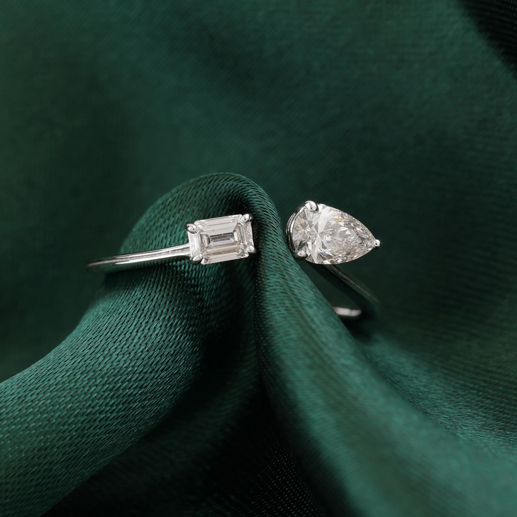 Natural 0.56 Carat SI/H Pear Emerald Cut Diamond Cuff Ring 18 Karat White Gold In New Condition For Sale In Diera, AE