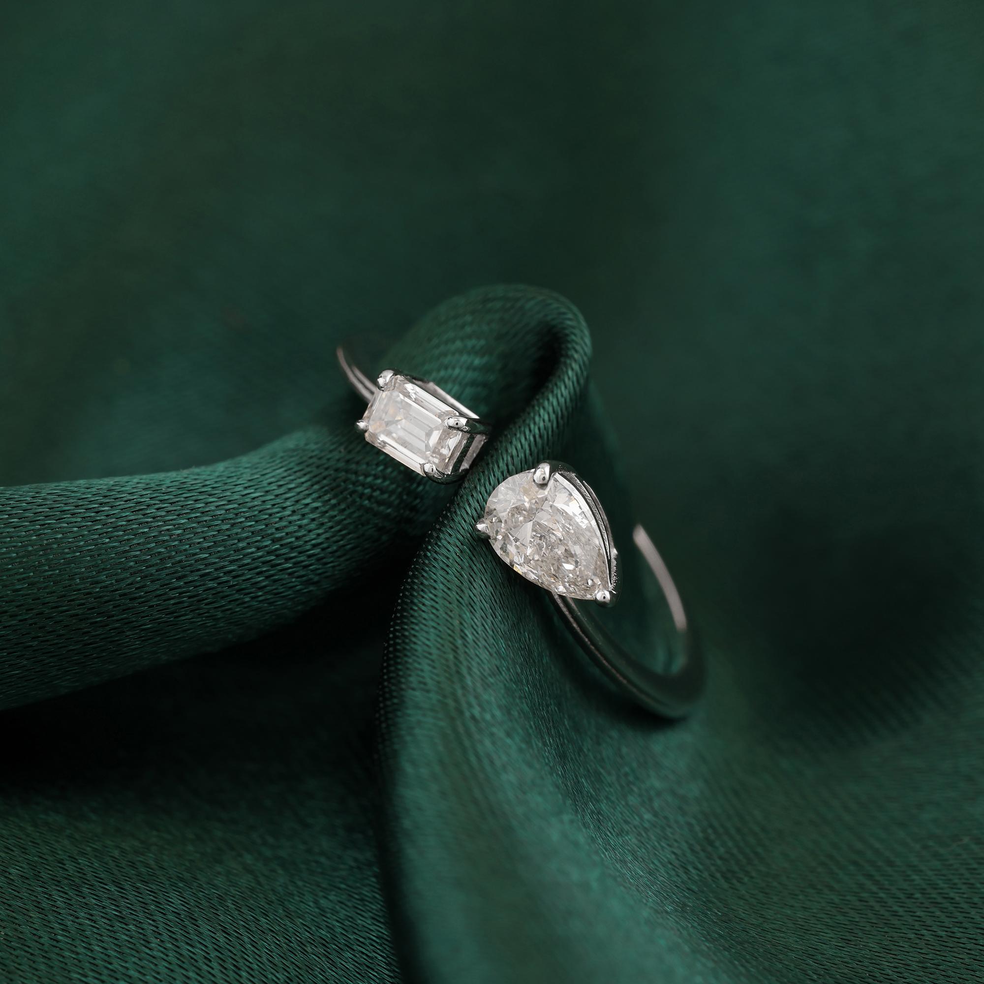 Women's Natural 0.56 Carat SI/H Pear Emerald Cut Diamond Cuff Ring 18 Karat White Gold For Sale