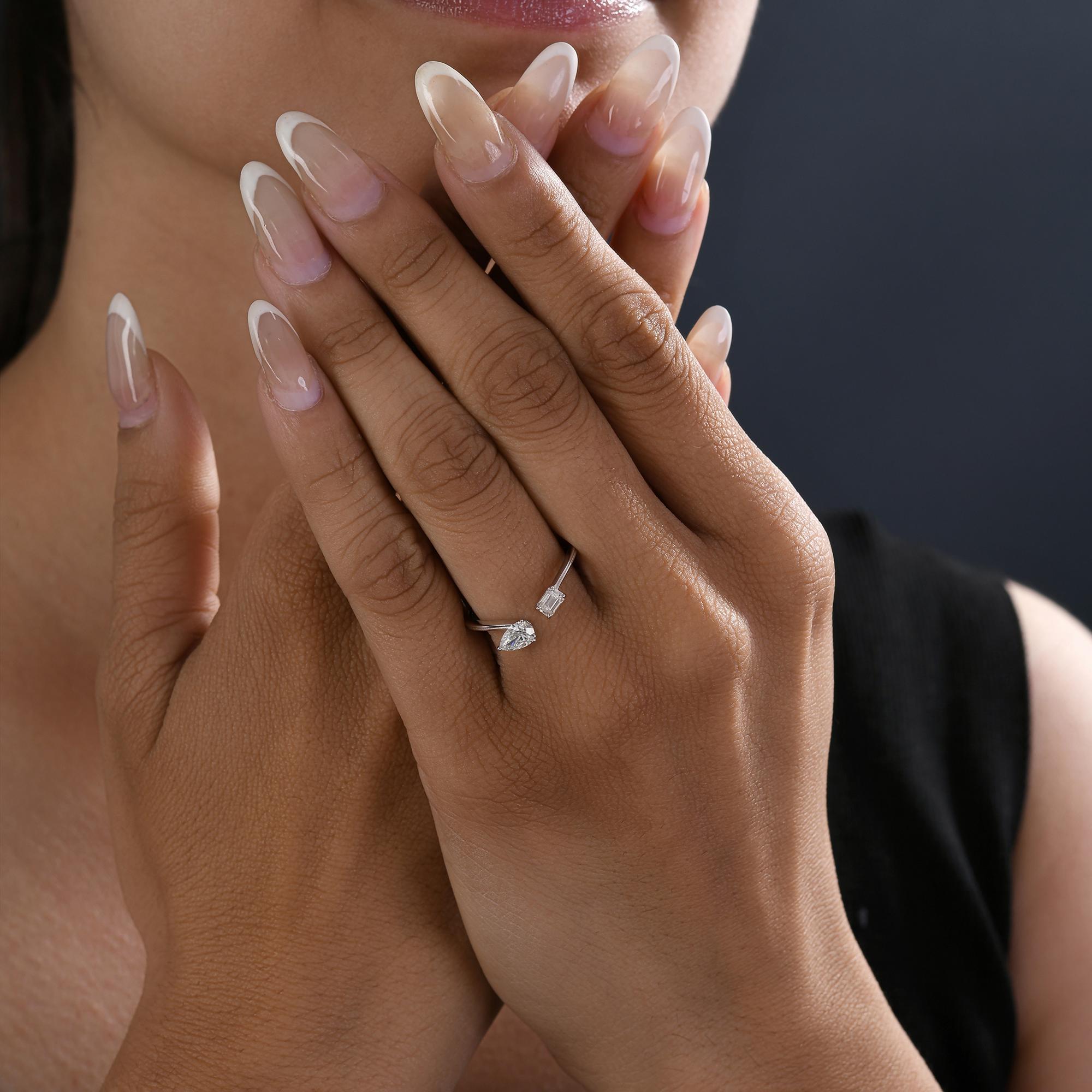 Natural 0.56 Carat SI/H Pear Emerald Cut Diamond Cuff Ring 18 Karat White Gold For Sale 1