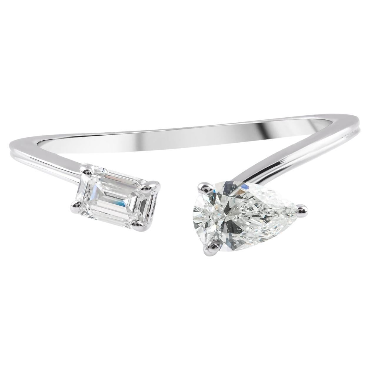 Natural 0.56 Carat SI/H Pear Emerald Cut Diamond Cuff Ring 18 Karat White Gold