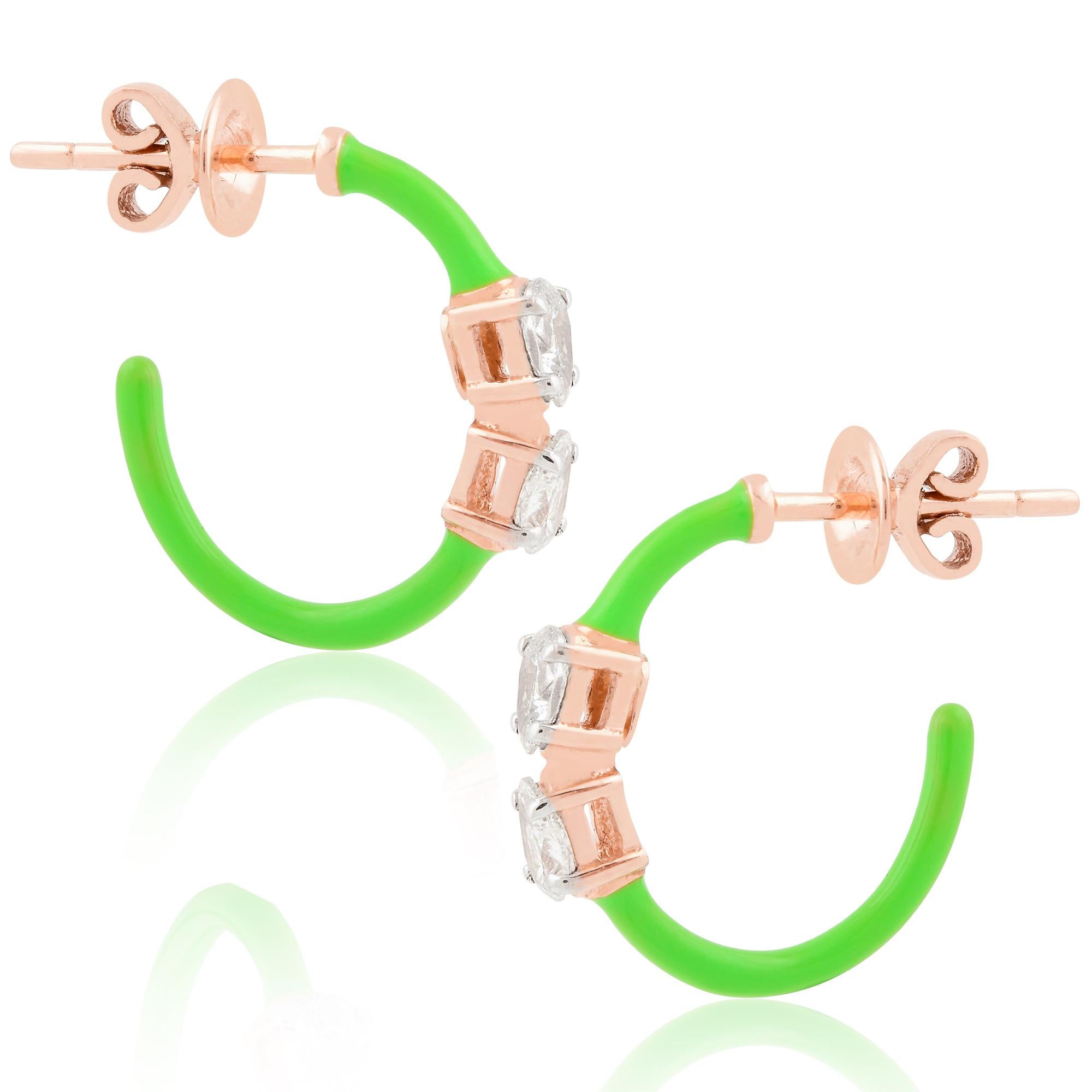 Women's Natural 0.56ct. Pear Diamond Green Enamel Hoop Earrings 14k Rose Gold Jewelry For Sale