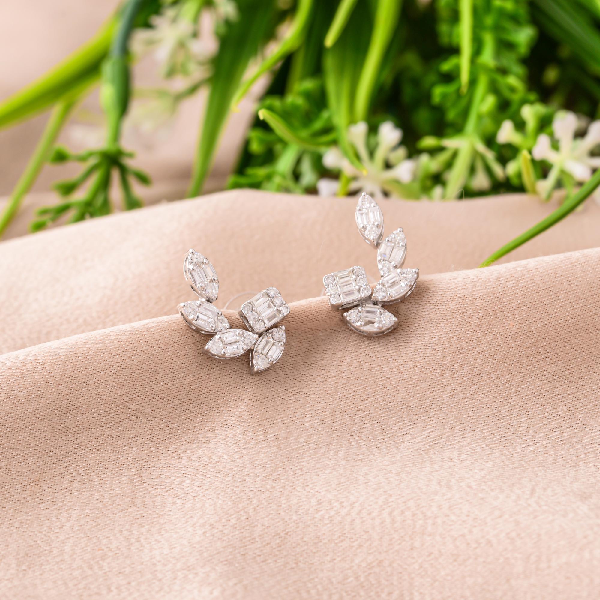 Modern Natural 0.58 Carat Baguette Round Diamond Earrings 18 Karat White Gold Jewelry For Sale