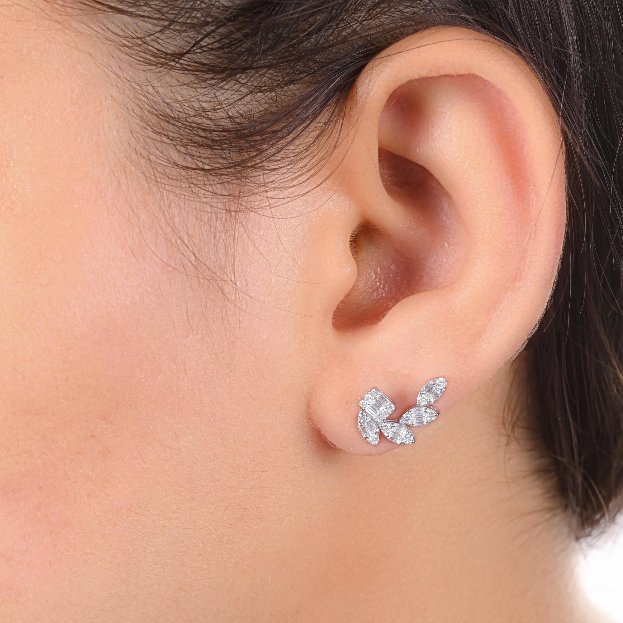 Baguette Cut Natural 0.58 Carat Baguette Round Diamond Earrings 18 Karat White Gold Jewelry For Sale