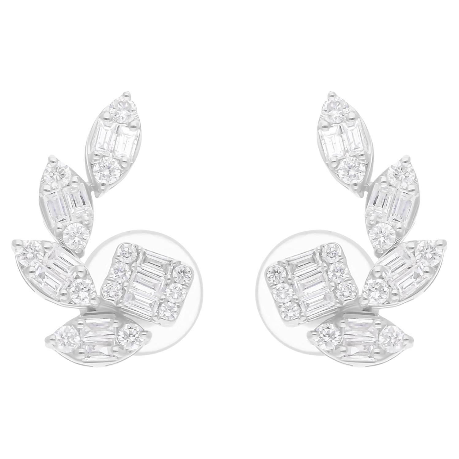 Natural 0.58 Carat Baguette Round Diamond Earrings 18 Karat White Gold Jewelry