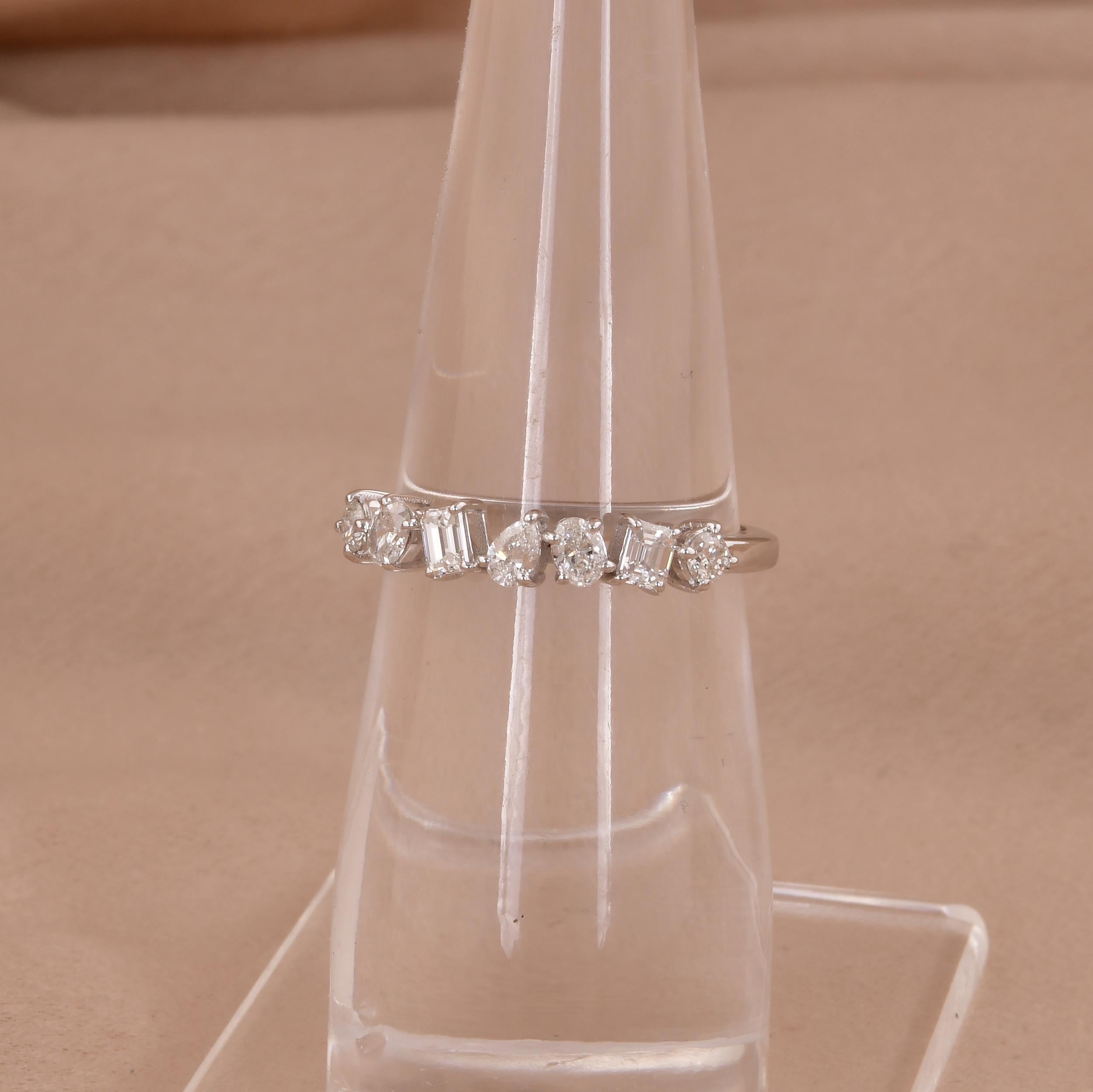 Modern Natural 0.58 Carat Multi Shape Diamond Ring 14 Karat White Gold Handmade Jewelry For Sale