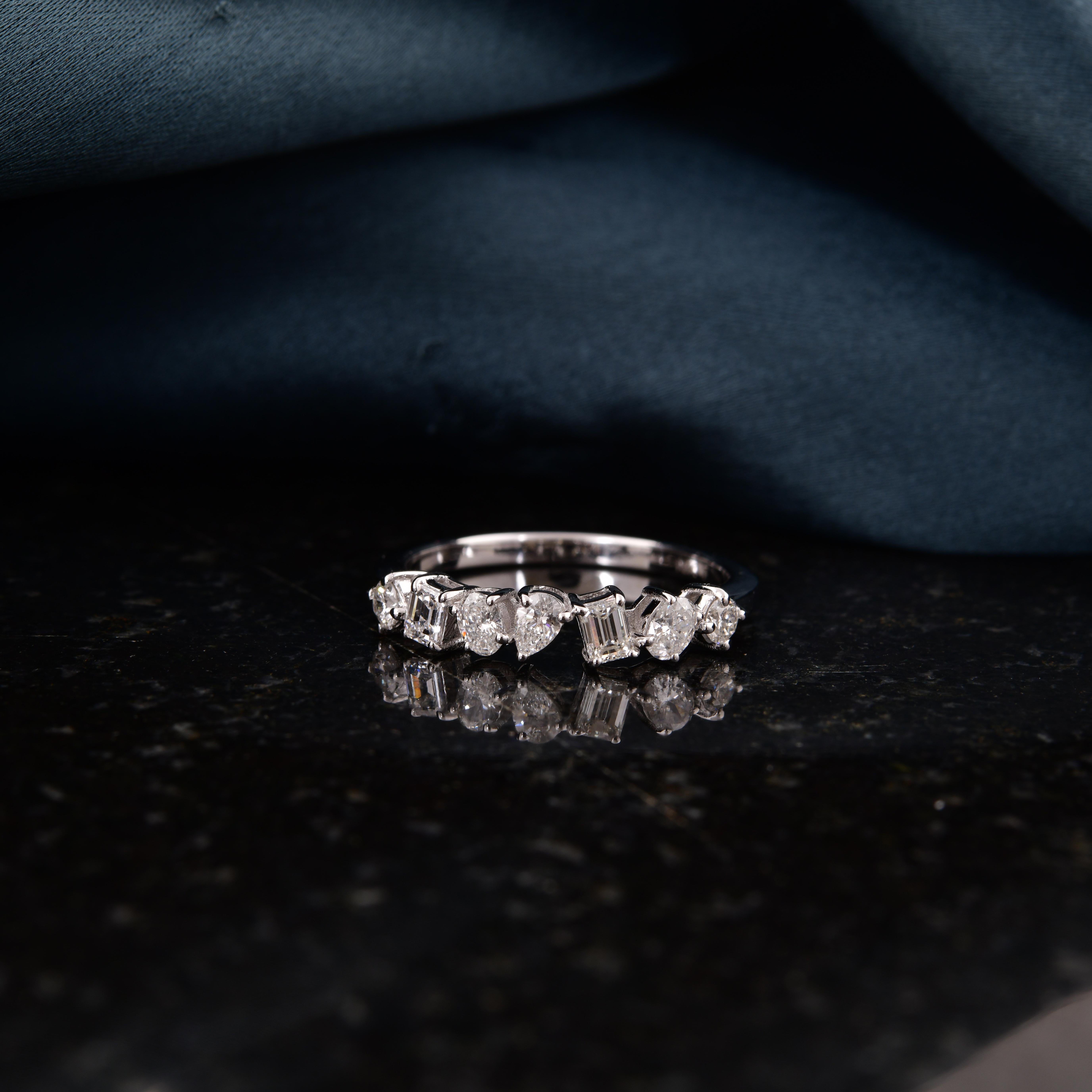 Octagon Cut Natural 0.58 Carat Multi Shape Diamond Ring 18 Karat White Gold Handmade Jewelry For Sale