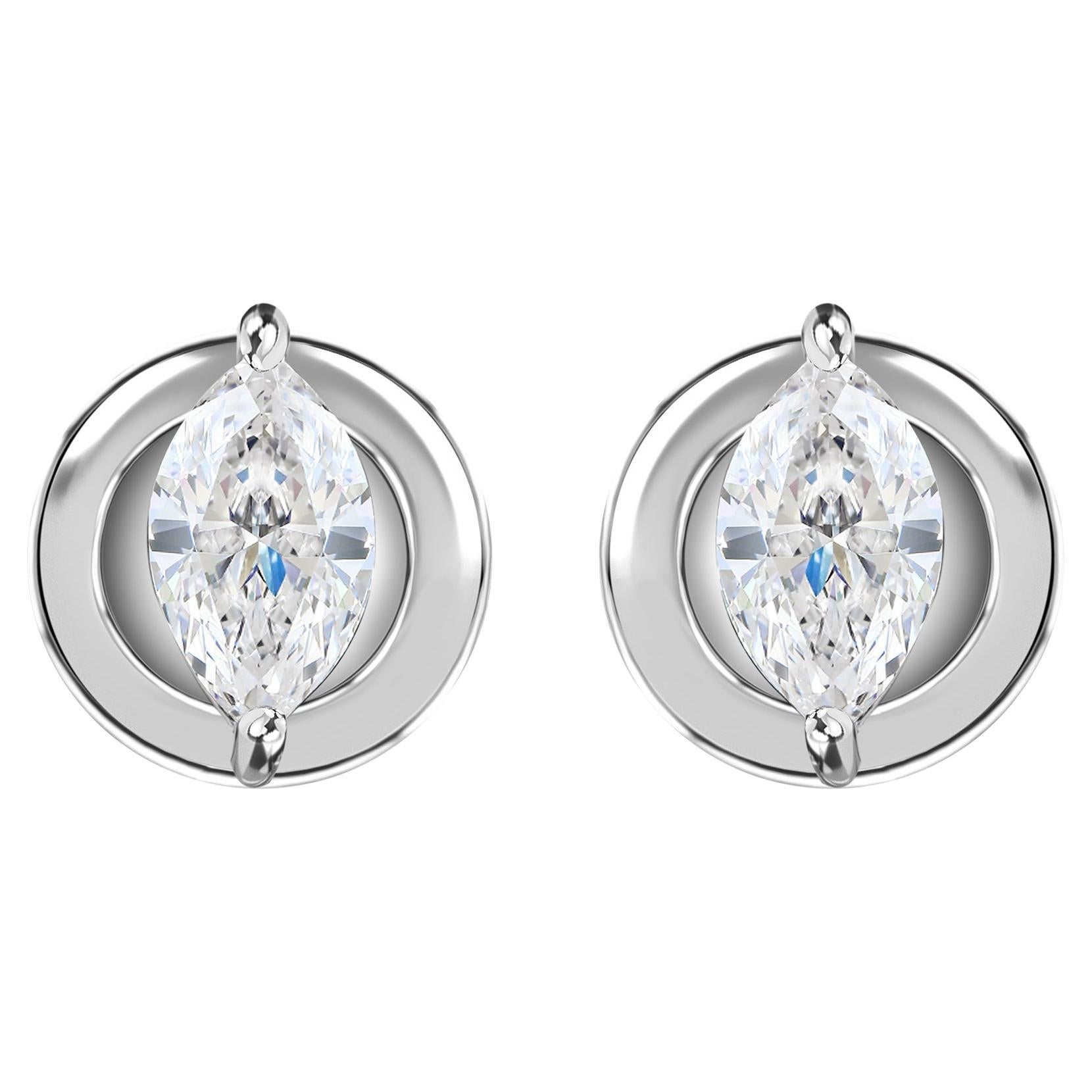 0.58 Carat Marquise-Cut Natural Diamond Stud Earrings in 18K White Gold