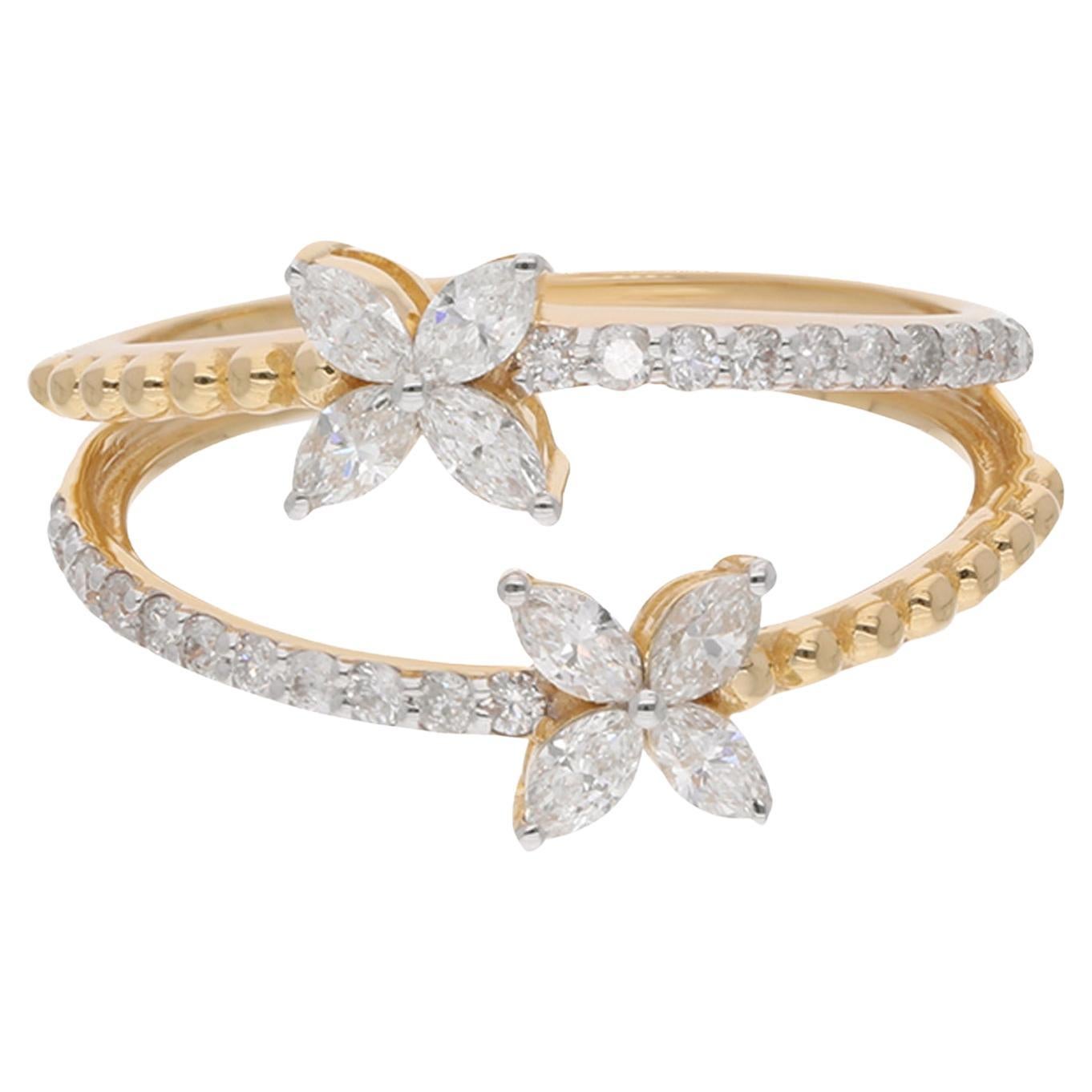 Natürlicher 0,59 Karat Marquise Diamant Floral Ring Weiß 14 Karat Gold Feiner Schmuck