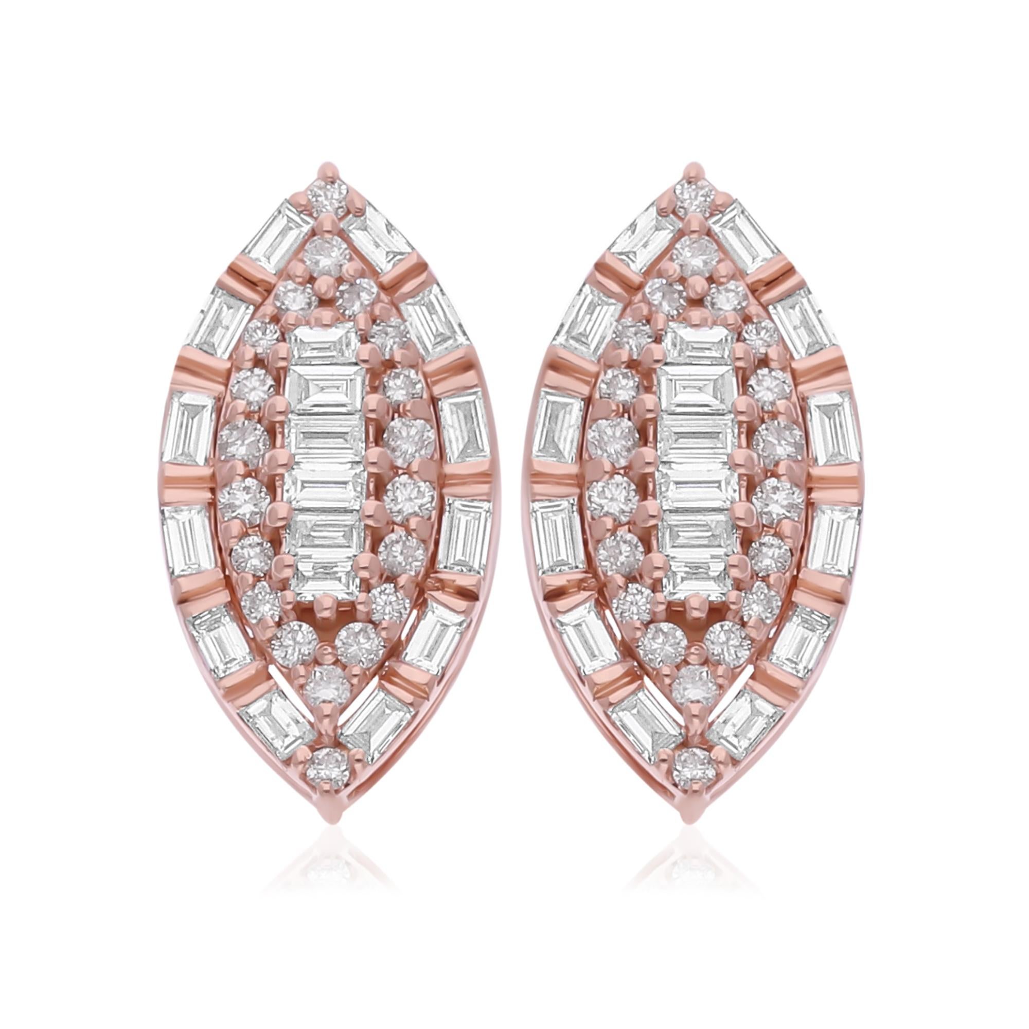 Pendientes de diamantes baguette SI/H naturales de 0,6 quilates Joyas de oro rosa de 18 quilates Moderno en venta