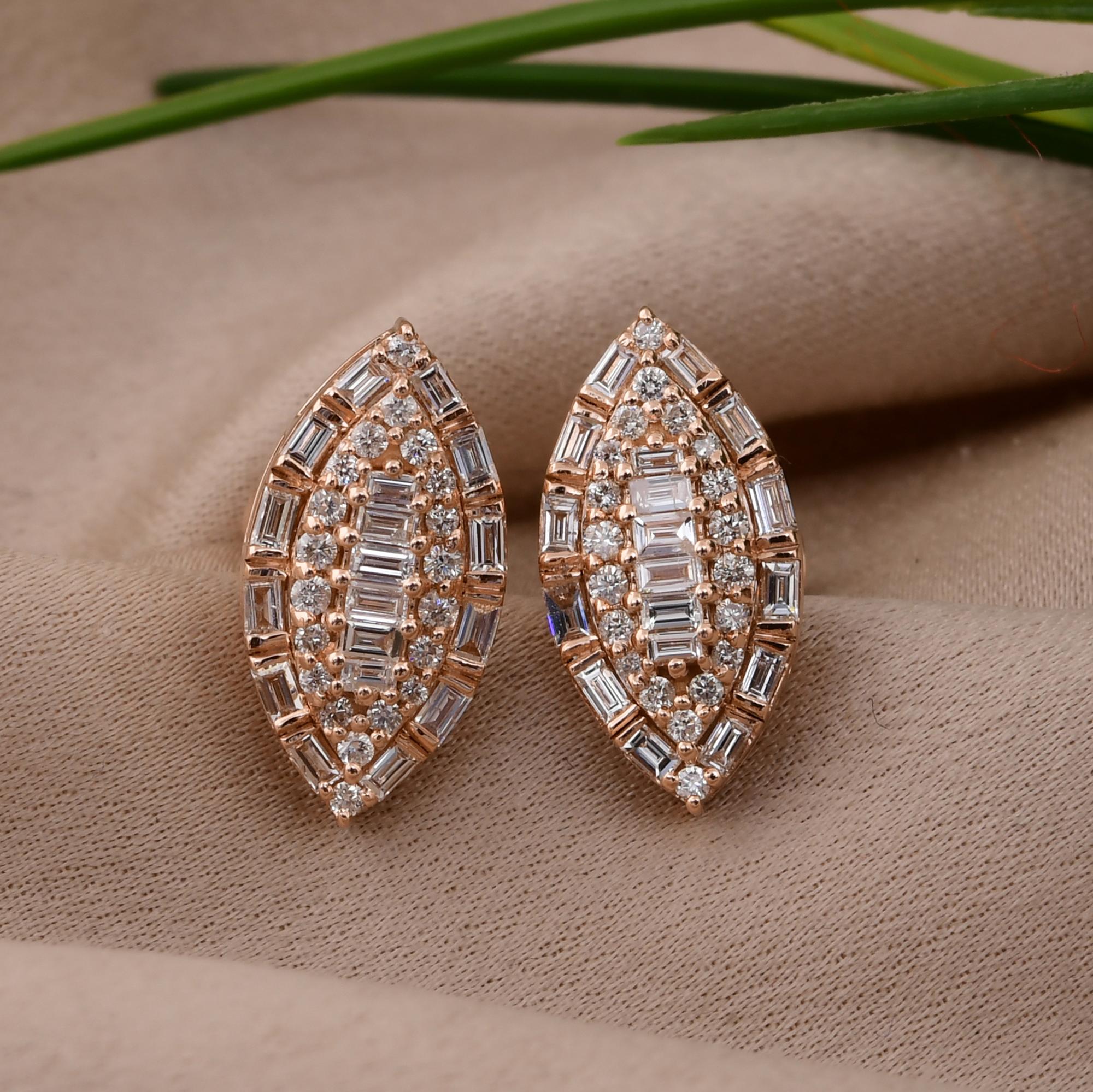 Pendientes de diamantes baguette SI/H naturales de 0,6 quilates Joyas de oro rosa de 18 quilates Corte baguette en venta