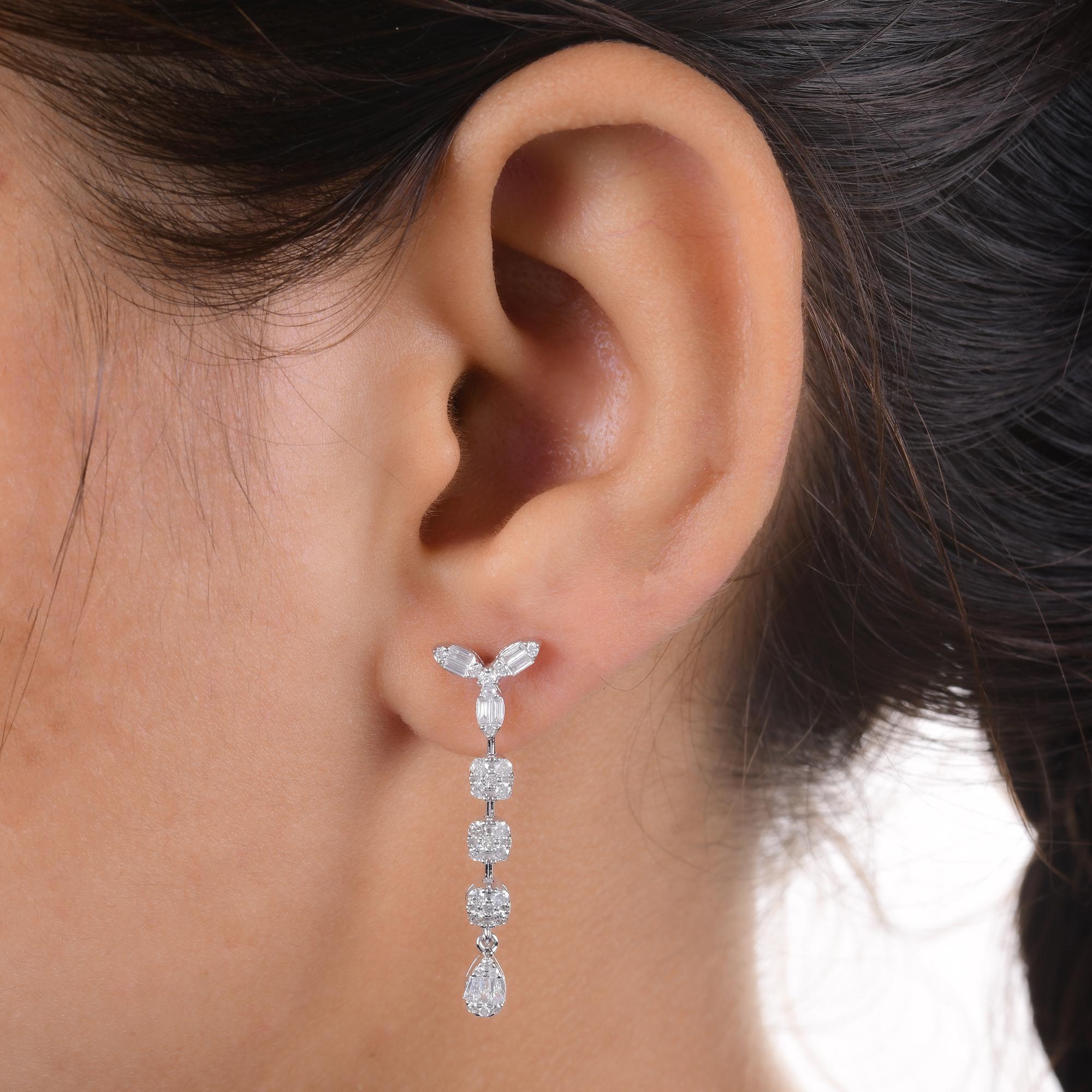 Modern Natural 0.60 Carat Baguette Diamond Dangle Earrings 14 Karat White Gold Jewelry For Sale