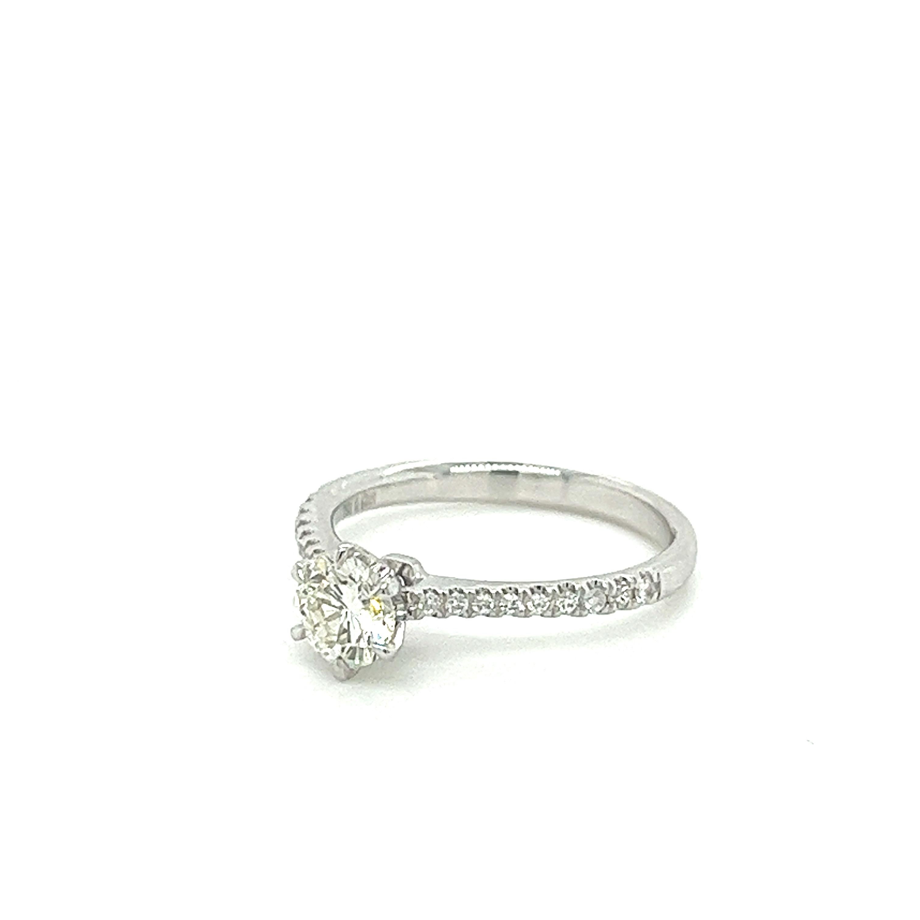 Round Cut Natural 0.60 Carat Diamond Engagement Ring with Diamond Sides in 18K White Gold  For Sale