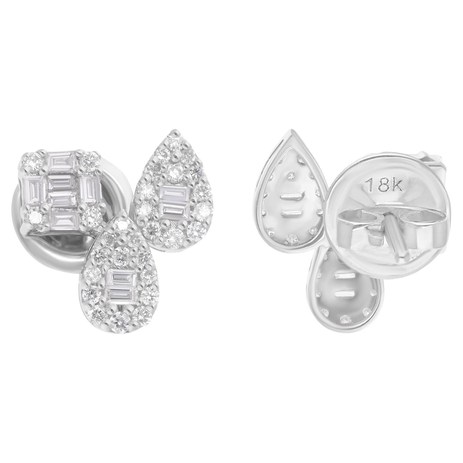 Natural 0.60 Carat SI/H Baguette Round Diamond Fine Earrings 18 Karat White Gold