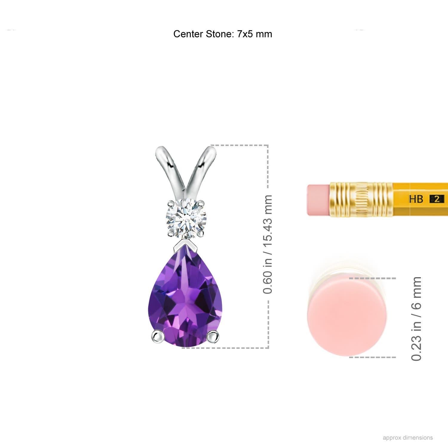A pear-shaped deep purple amethyst is secured in a prong setting and embellished with a diamond accent on the top. Simple yet stunning, this teardrop amethyst pendant with V bale is sculpted in 14k white gold.
