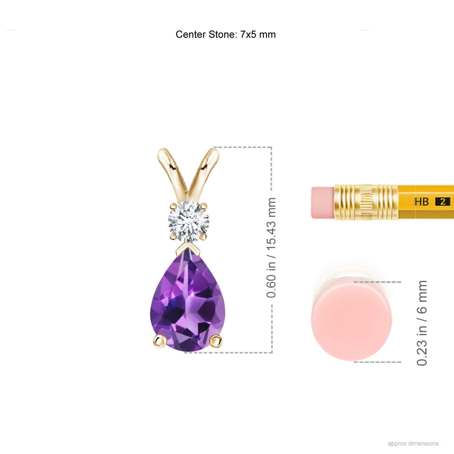 A pear-shaped deep purple amethyst is secured in a prong setting and embellished with a diamond accent on the top. Simple yet stunning, this teardrop amethyst pendant with V bale is sculpted in 14k yellow gold.