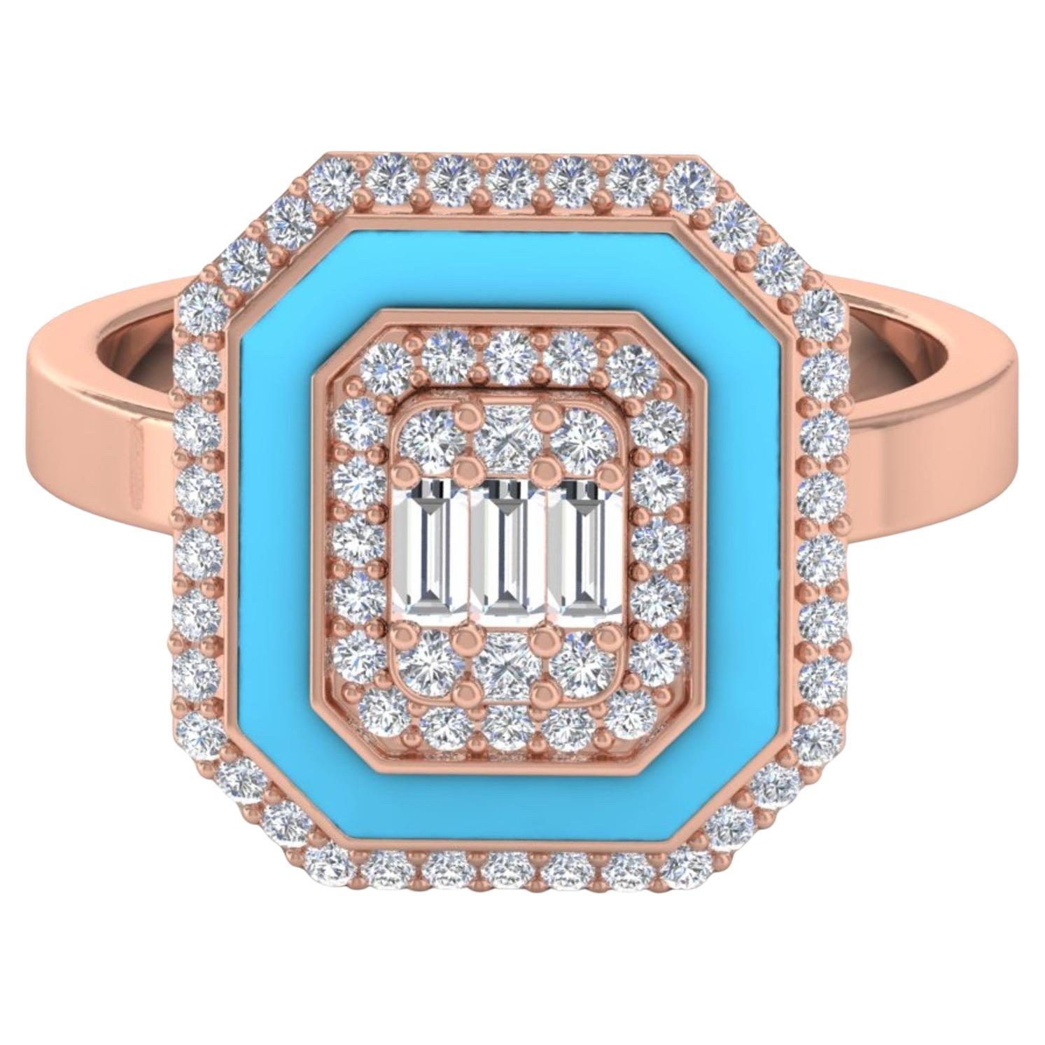 For Sale:  Natural 0.60ct Diamond Blue Halo Enamel 18k Solid Rose Gold Ring Fine Jewelry