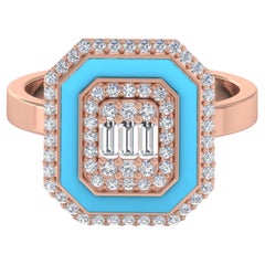 Natural 0.60ct Diamond Blue Halo Enamel 18k Solid Rose Gold Ring Fine Jewelry