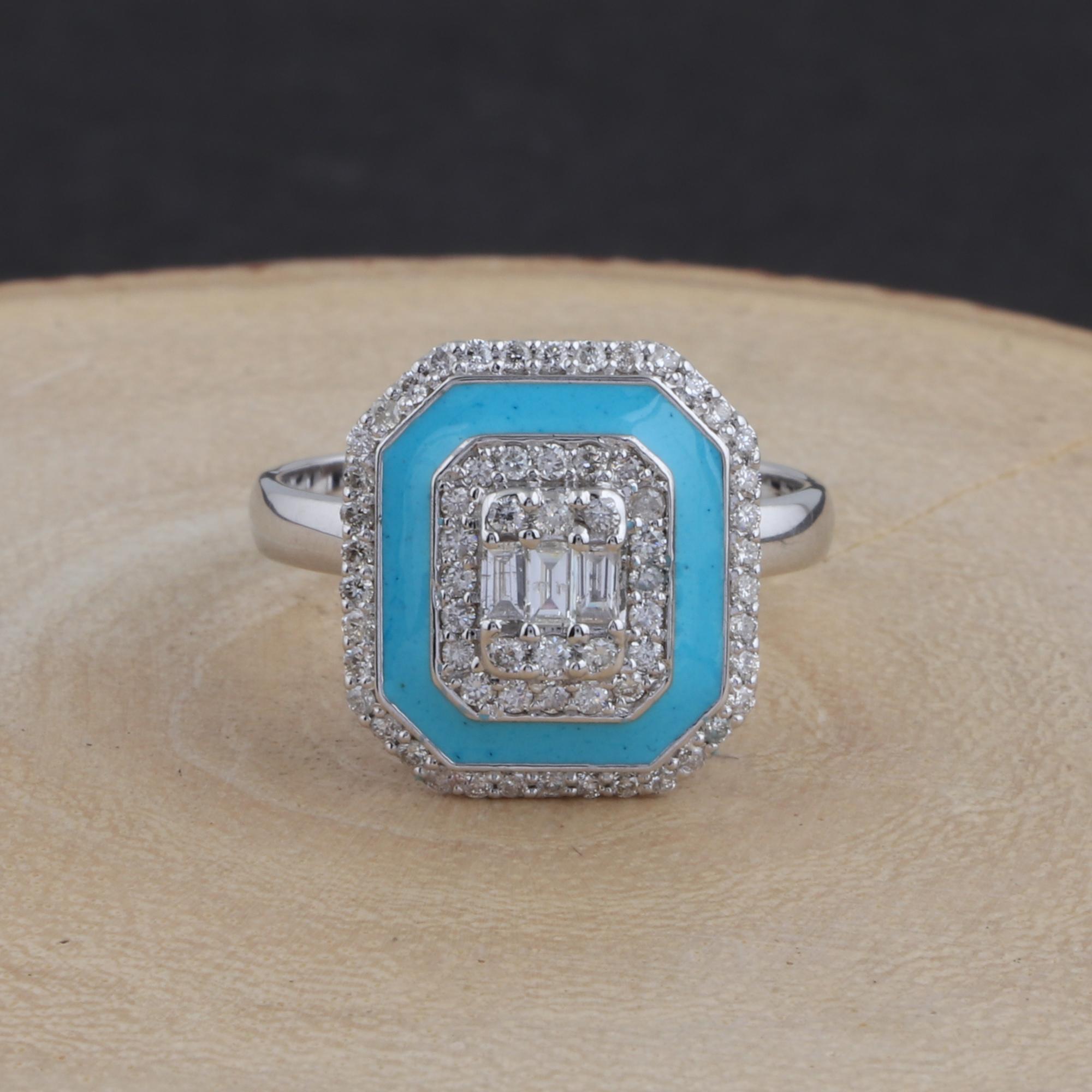 in vendita:  Anello in oro bianco massiccio 18 carati con diamante naturale da 0,60 carati e smalto blu a raggiera Whiting 2