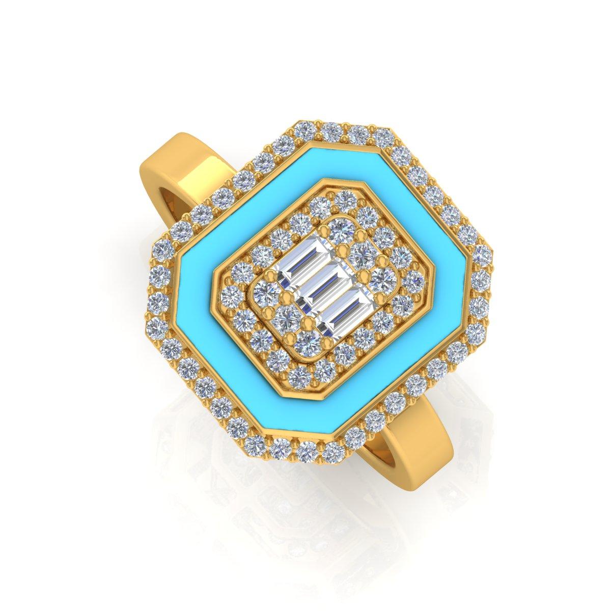 En venta: Anillo de oro amarillo macizo de 18 quilates con esmalte halo azul de diamante natural de 0,60 quilates Joyería fina  2