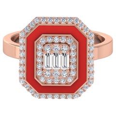 Natural 0.60ct Diamond Red Halo Enamel 18k Solid Rose Gold Ring Fine Jewelry