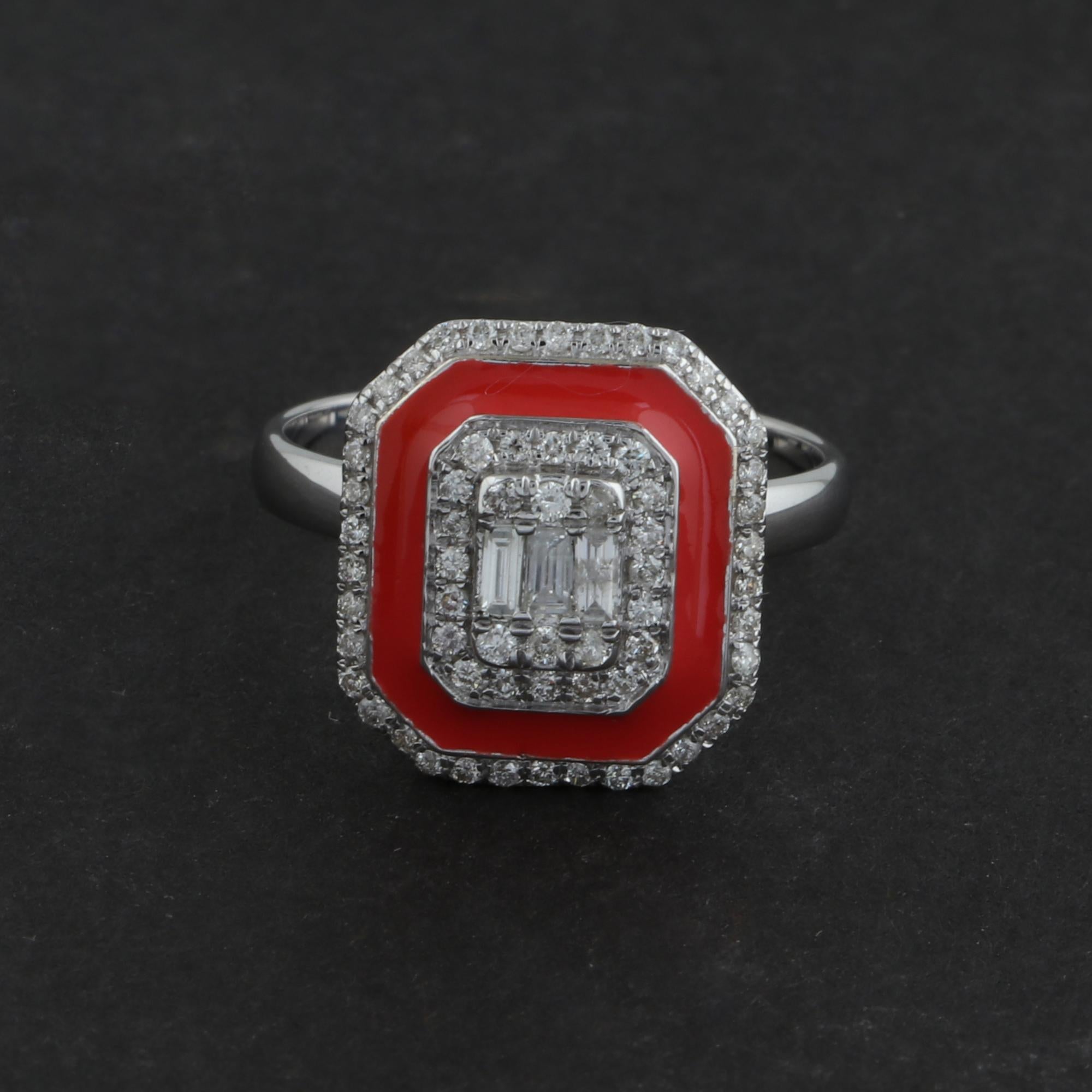 En venta: Anillo de oro blanco macizo de 18 quilates con esmalte rojo halo de diamantes naturales de 0,60 quilates Joyería fina  4
