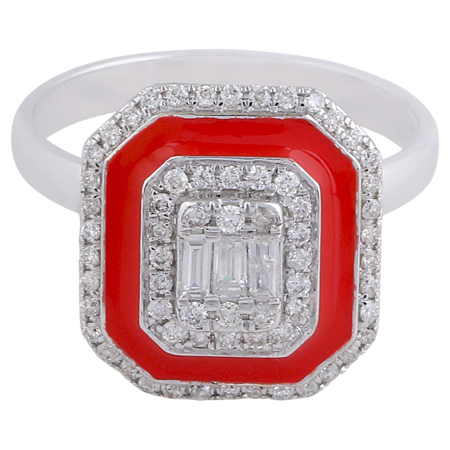 Natural 0.60ct Diamond Red Halo Enamel 18k Solid White Gold Ring Fine Jewelry