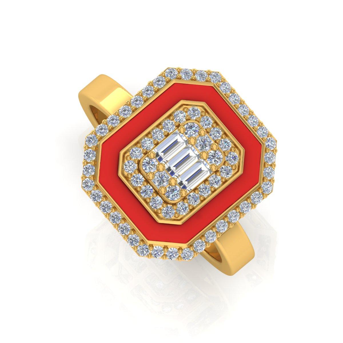 En venta: Anillo de oro amarillo macizo de 18 quilates con esmalte rojo halo de diamantes naturales de 0,60 quilates Joyería fina  2