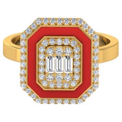 Natural 0.60ct Diamond Red Halo Enamel 18k Solid Yellow Gold Ring Fine Jewelry