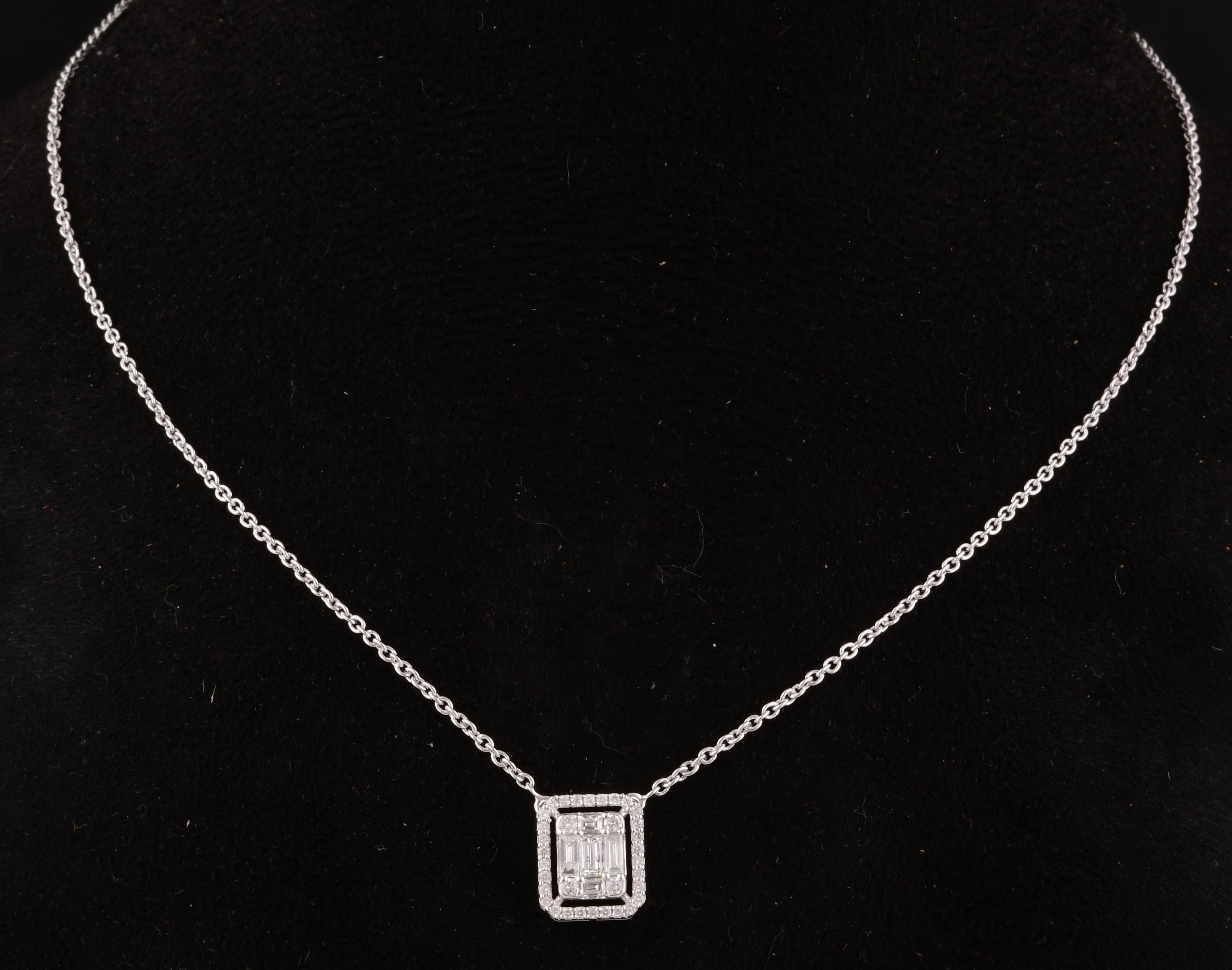 Collar de diamantes redondos y baguette naturales de 0,61 quilates, oro blanco de 14 quilates Corte baguette en venta