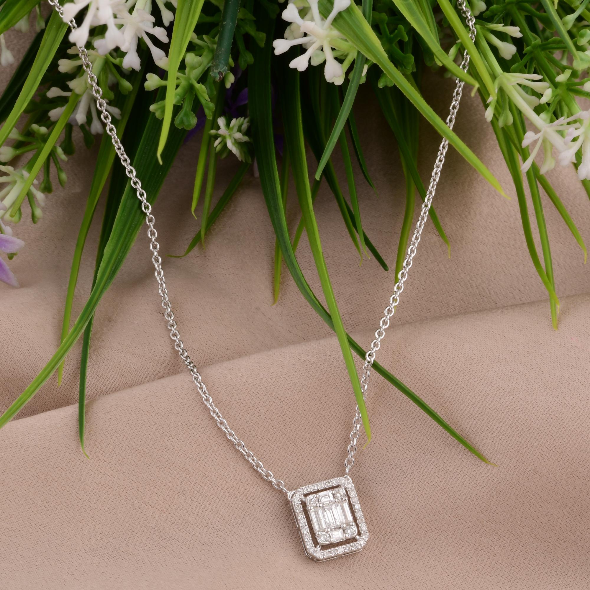 Moderno Natural 0.61 Carat Baguette & Round Diamond Charm Necklace 18 Karat White Gold in vendita