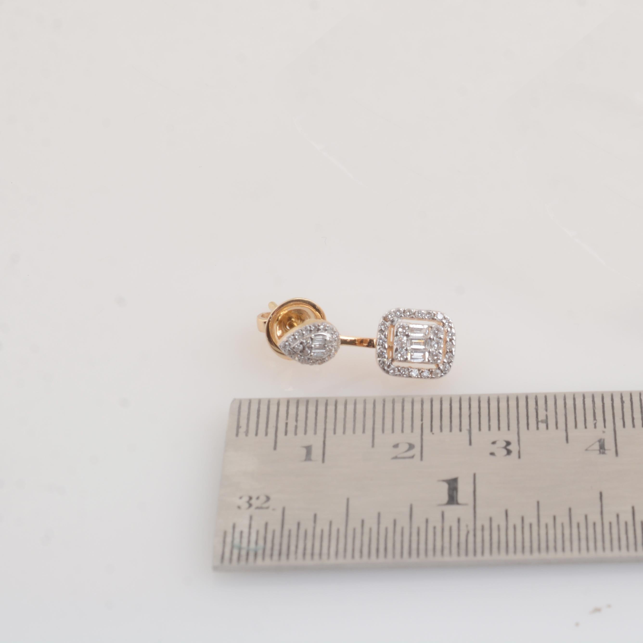 Baguette Cut Natural 0.61 Carat Diamond Pave Jacket Earrings Solid 14k Yellow Gold Jewelry For Sale