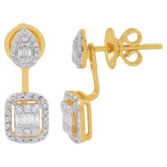 Natural 0.61 Carat Diamond Pave Jacket Earrings Solid 14k Yellow Gold Jewelry