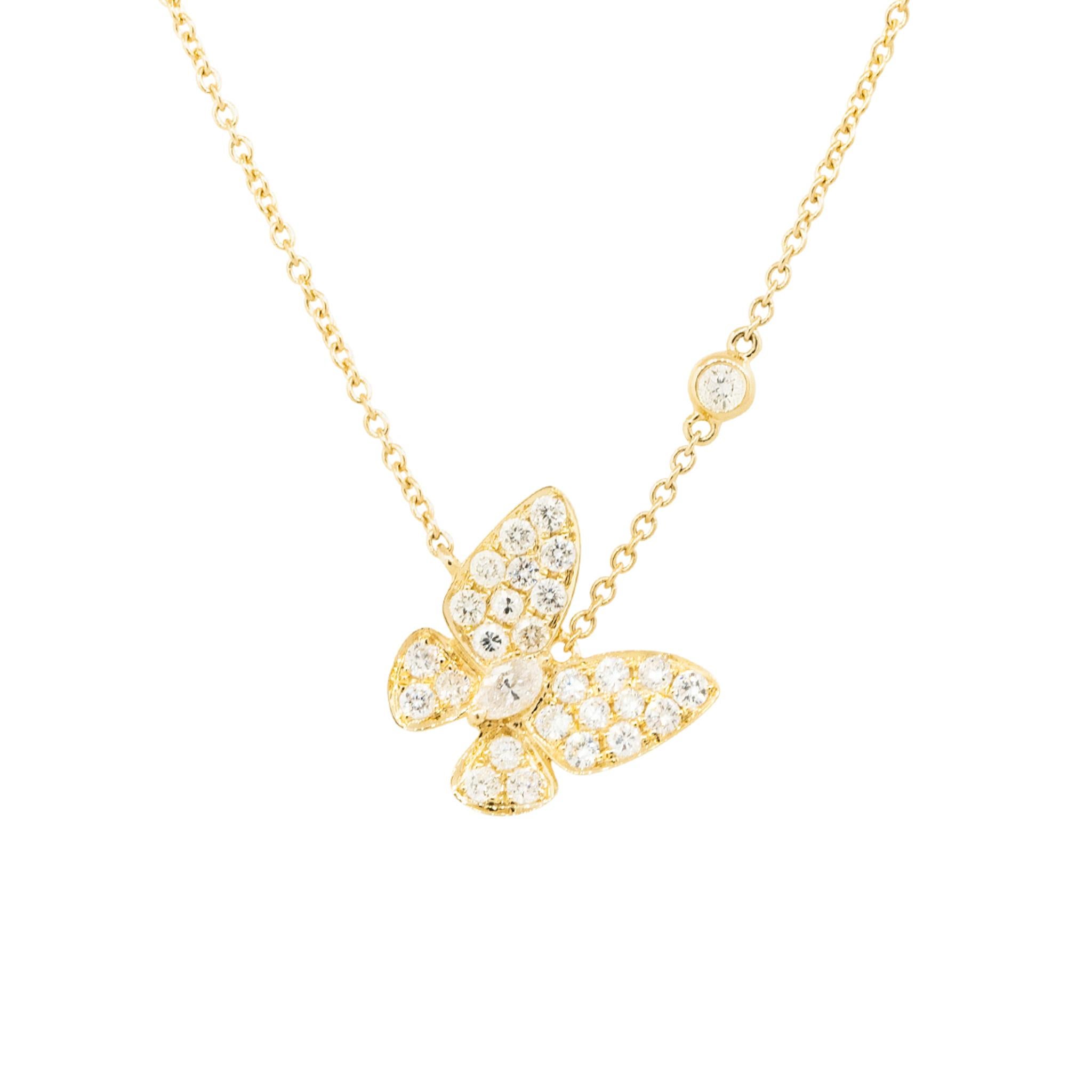 Round Cut Natural 0.62 Carat Pave Diamond Butterfly 18-Karat Necklace In Stock For Sale