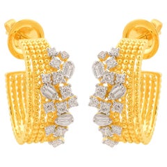 Natural 0.65 Carat Baguette SI/HI Diamond Ball Hoop Earrings 18k Yellow Gold