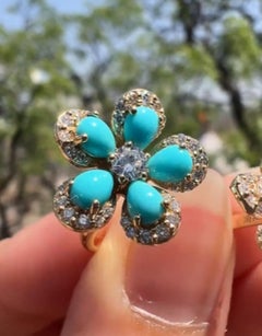 Natural 0.65cts Turquoise & 0.71cts Diamond Ring in 14k Gold