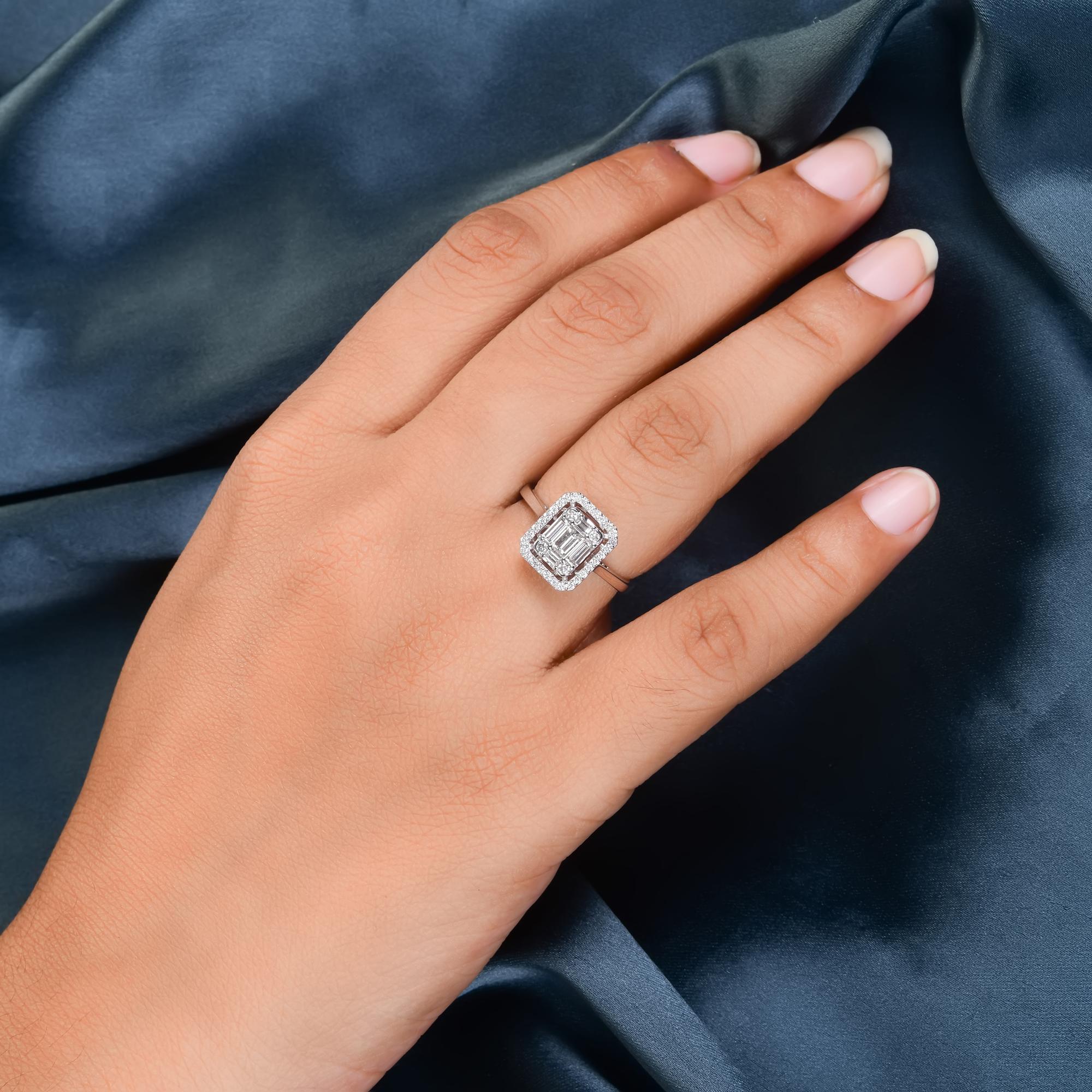 Women's Natural 0.67 Carat Baguette Diamond Ring 14 Karat White Gold Handmade Jewelry For Sale