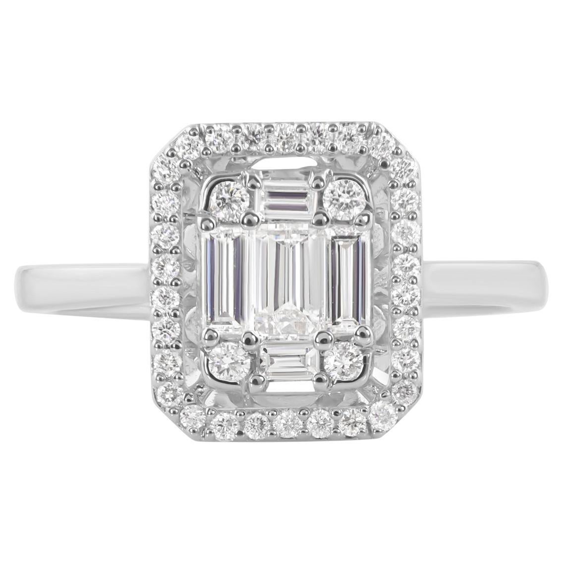 Handmade Natural 0.67 Carat Baguette 
Round Diamond Ring 14K White Gold Jewelry