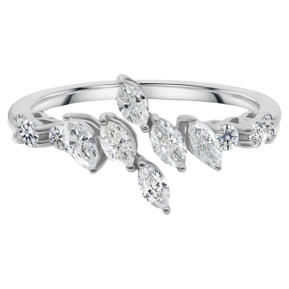 Marquise Cut Natural Diamond Leaf Ring 0.67 Carats in 18K White Gold Open Ring