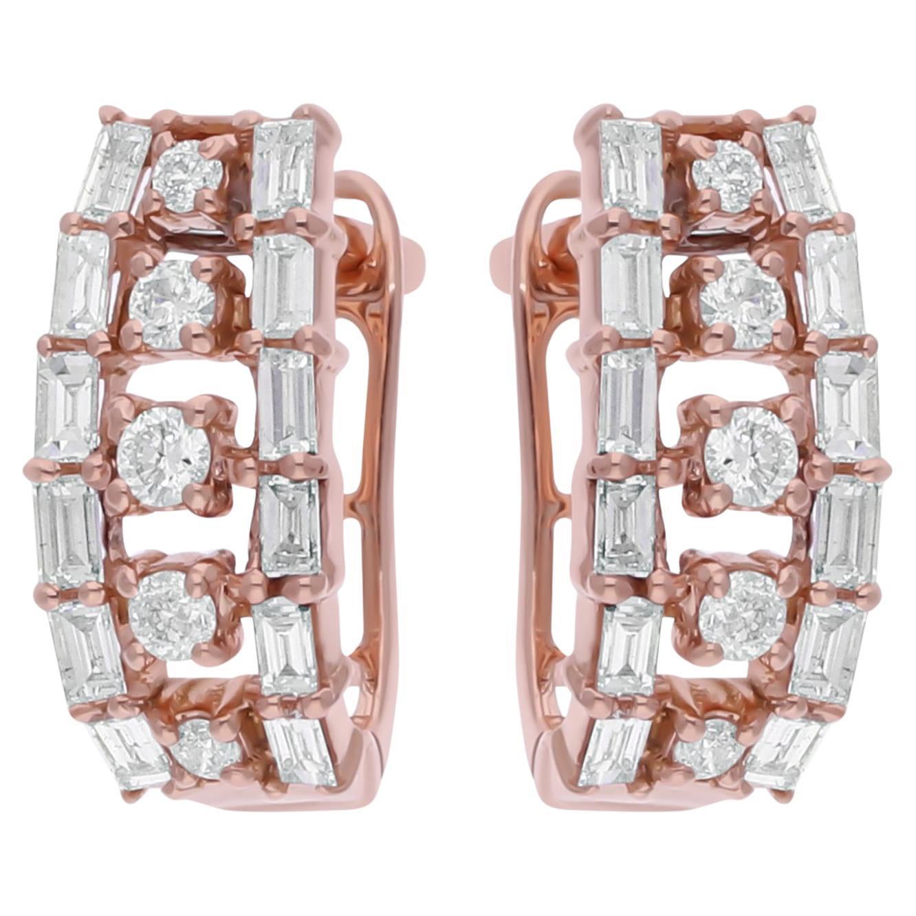 Natural 0.67 Carat SI/H Baguette Diamond Clip Back Earrings 14 Karat Rose Gold For Sale