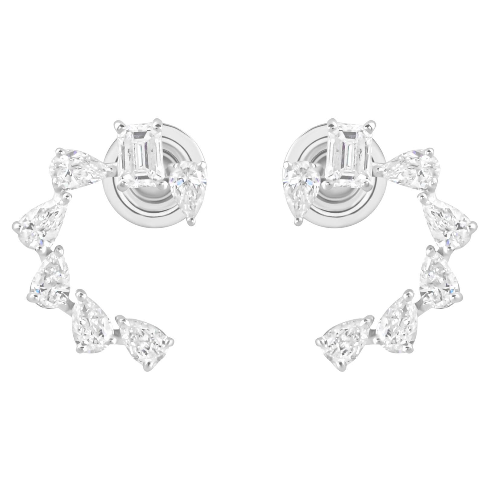 Natural 0.71 Carat SI/H Pear Emerald Cut Diamond Earrings 18 Karat White Gold