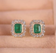14k Yellow Gold Zambian Emerald & Diamond Stud Earrings, 0.71ct/0.35ct