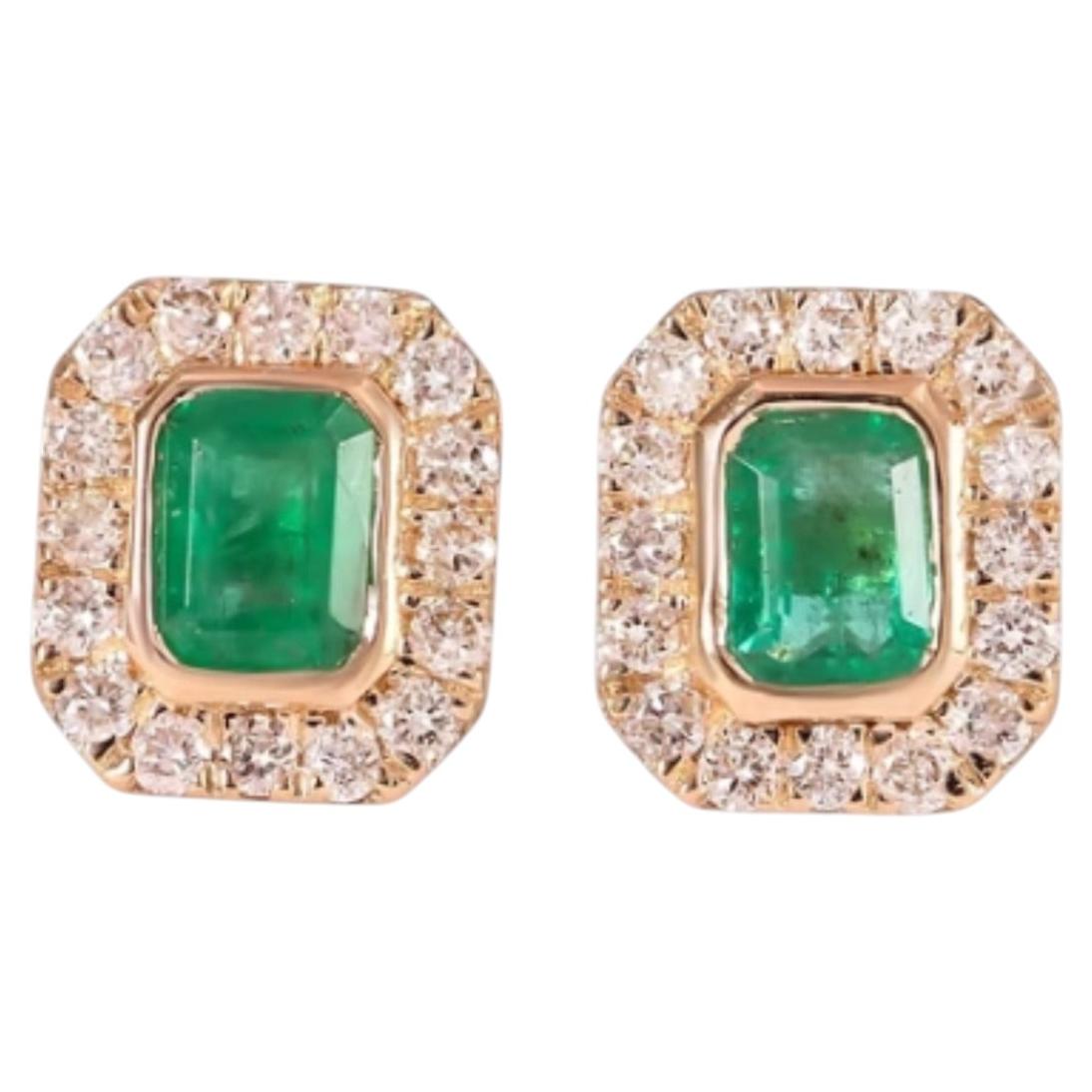14k Yellow Gold Zambian Emerald & Diamond Stud Earrings, 0.71ct/0.35ct