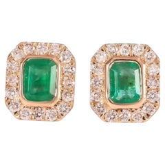 14k Yellow Gold Zambian Emerald & Diamond Stud Earrings, 0.71ct/0.35ct