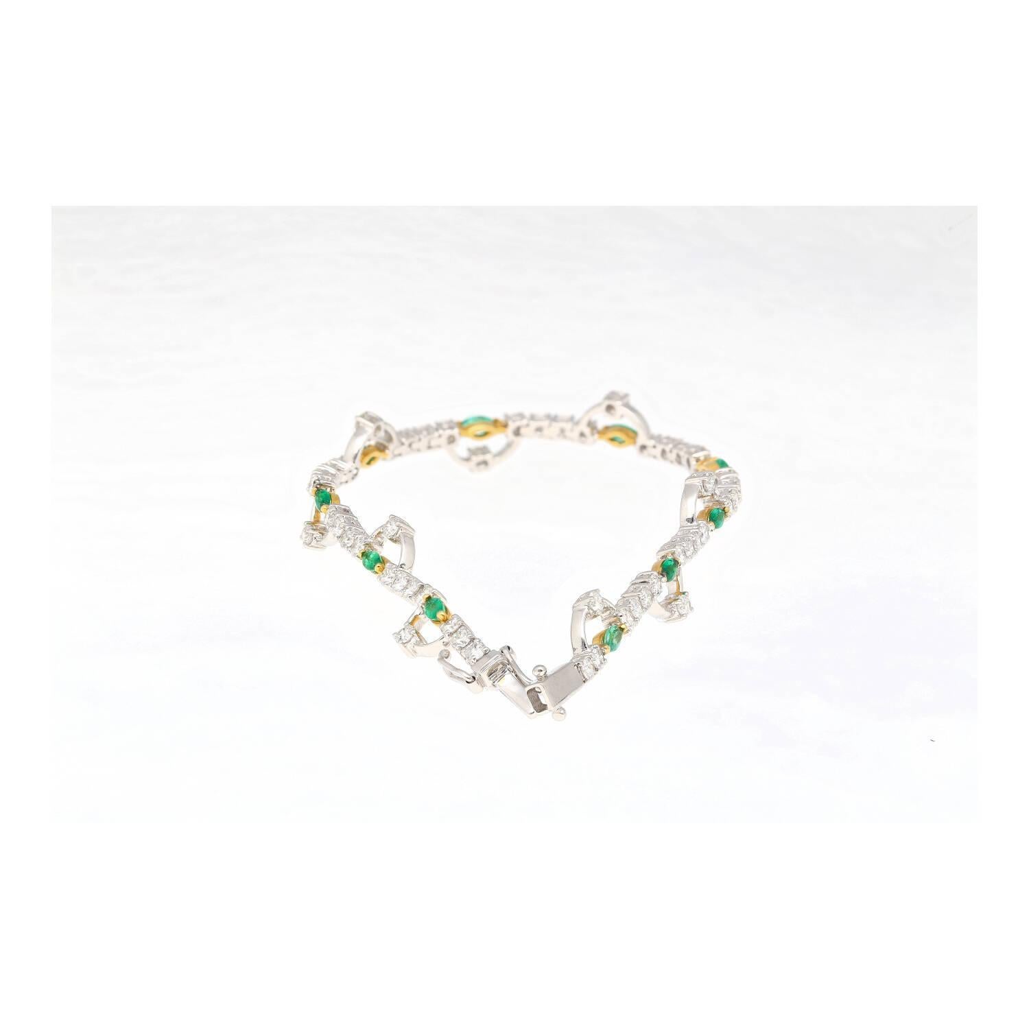 Marquise Cut Natural 0.72 Carat Emerald & 2.08 Carat Diamond Charm Bracelet in 18K Gold For Sale