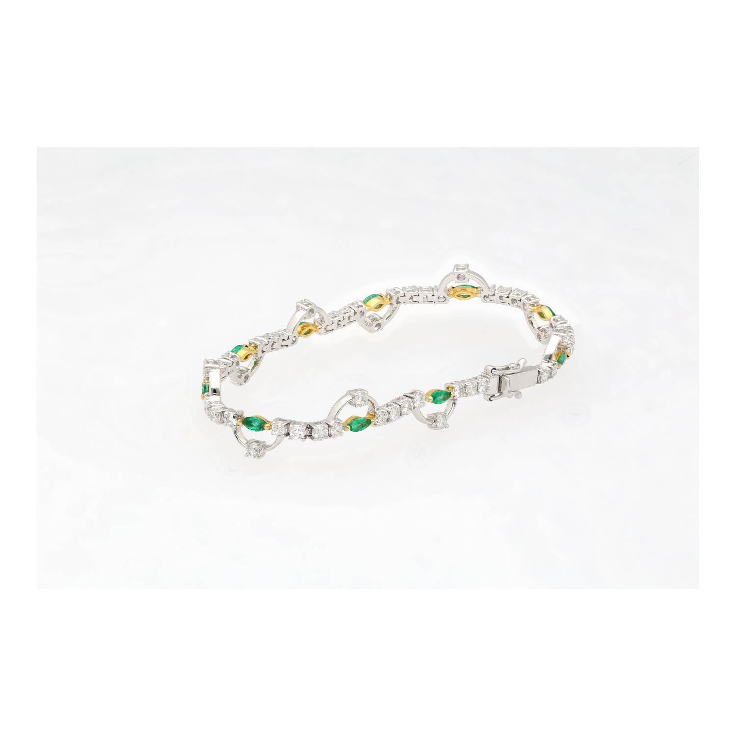 Marquise Cut Natural 0.72 Carat Emerald & 2.08 Carat Diamond Charm Bracelet in 18K Gold For Sale