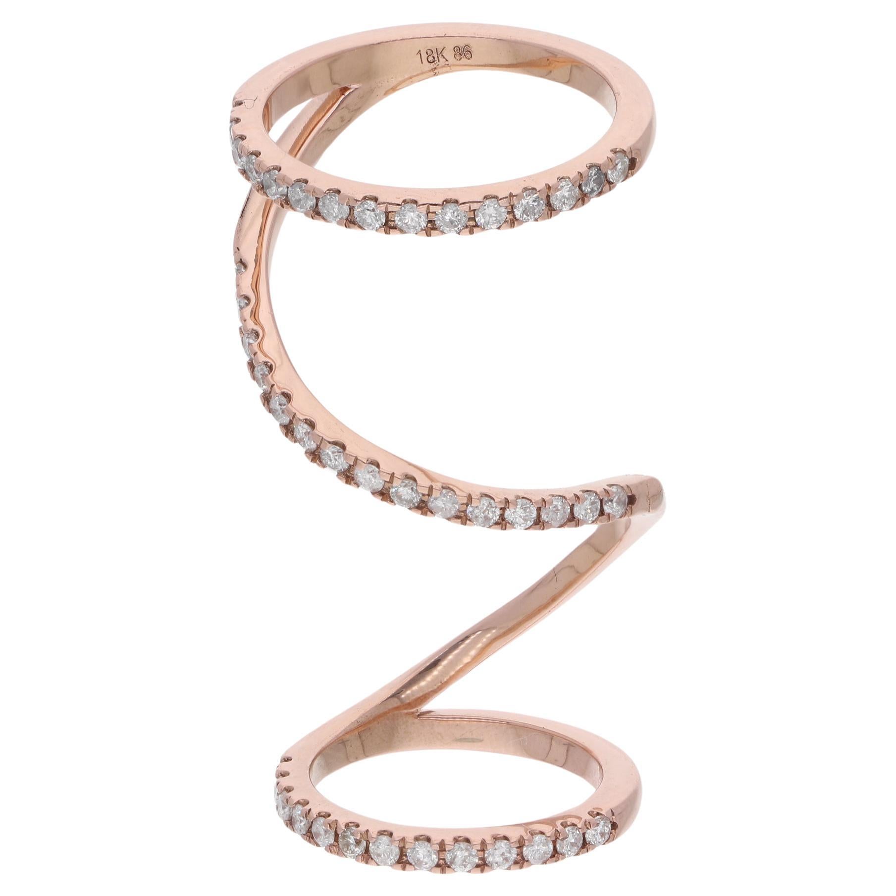 Natural 0.73 Carat Diamond Pave Spiral Ring 14 Karat Rose Gold Handmade Jewelry For Sale