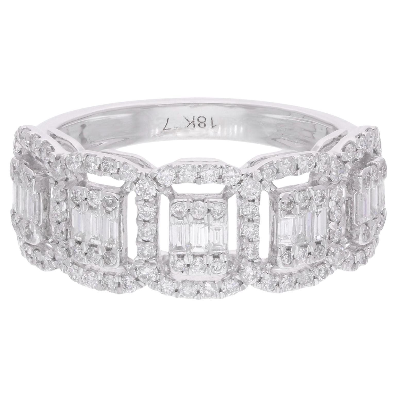 Natural 0.74ct Baguette Round Diamond 14K White Gold Wedding Band Ring