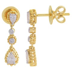 Natural 0.74 Carat SI/H Pear Round Diamond Dangle Earrings 18 Karat Yellow Gold