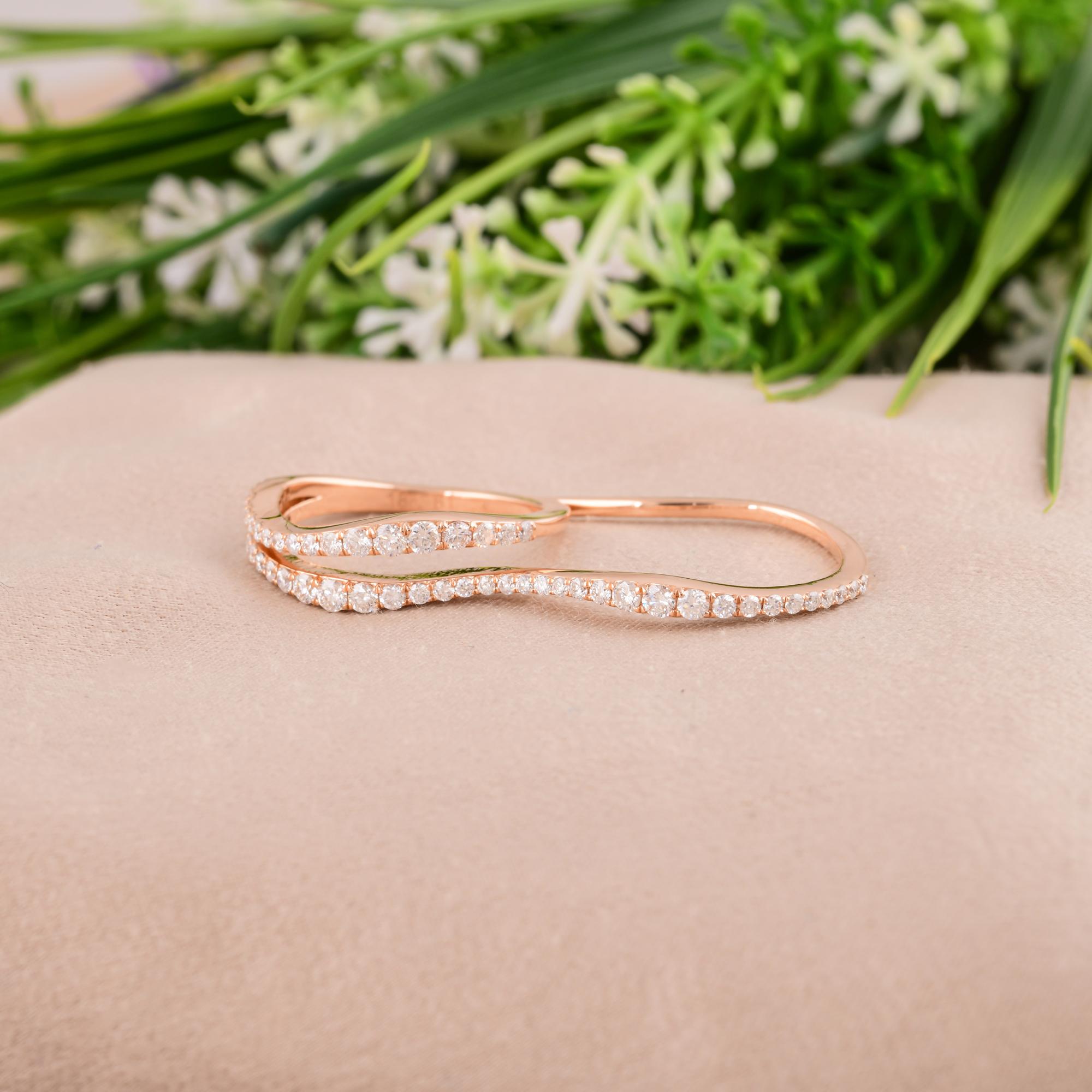 Modern Natural 0.74 Carat SI/H Round Diamond Double Finger Ring 14 Karat Rose Gold For Sale